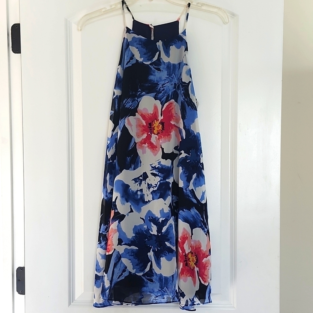 Lulus Navy blue & Pink Floral Swing Dress Keyhole Back Size Small - Picture 2 of 9